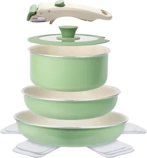 Pots and Pans Set Non Stick, 8pcs Granite Cookware Set, Detachable Handle Pots and Pans, Nonstick Induction Cookware with Removable Handle, Oven Safe RV Cooking Set, Green