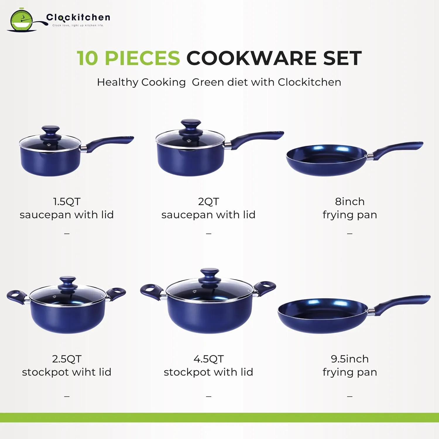 Pots and Pans Set,Aluminum Cookware Set, Nonstick Ceramic Coating, Fry Pan, Stockpot with Lid, Blue,10 Pieces