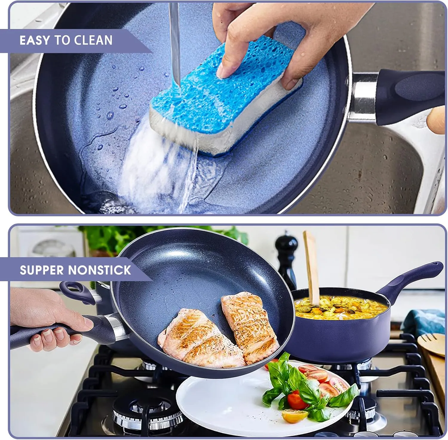 Pots and Pans Set,Aluminum Cookware Set, Nonstick Ceramic Coating, Fry Pan, Stockpot with Lid, Blue,10 Pieces