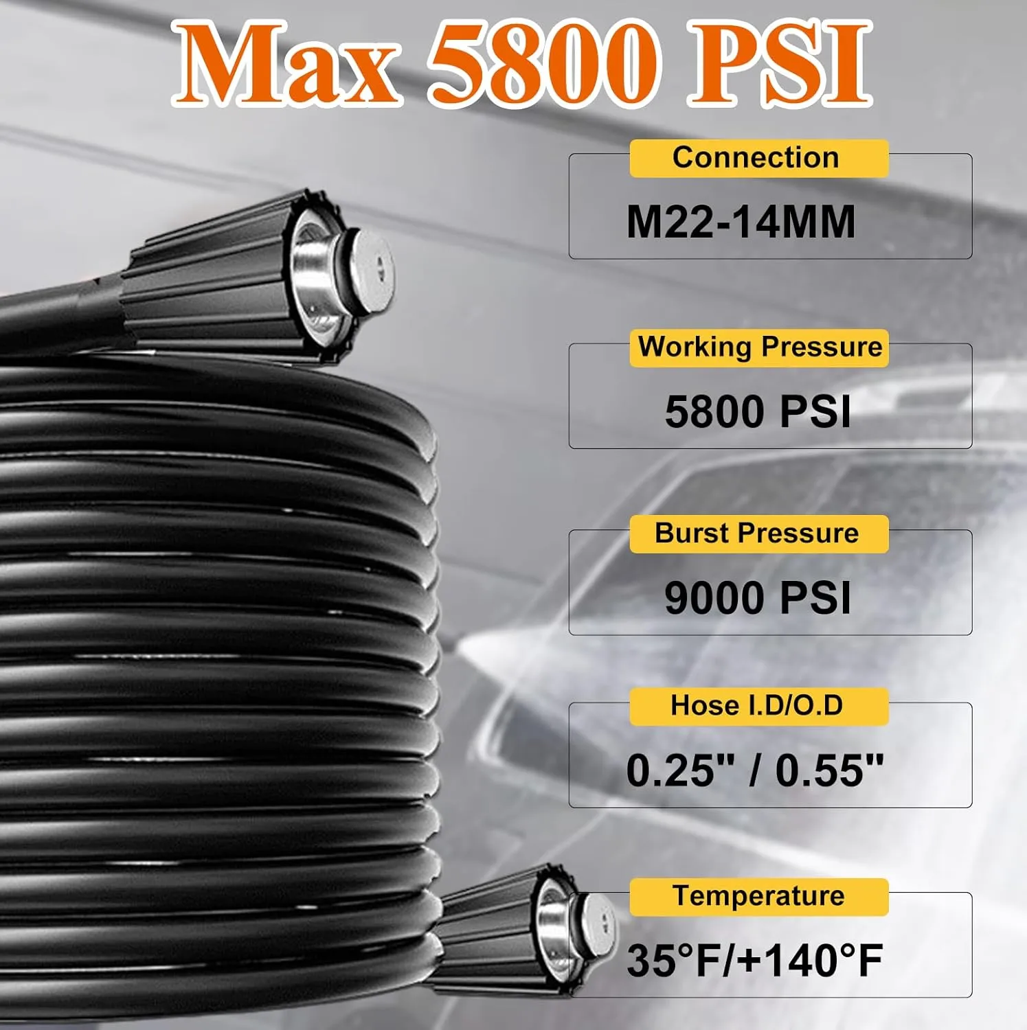 Pressure Washer Hose, Power Washer Hose with M22 Fitting,5800PSI 1/4" Kink-Free Pressure Washer Extension Hose, Replacement Power Washer Hose for Gas Electric Pressure Washers (25FT)