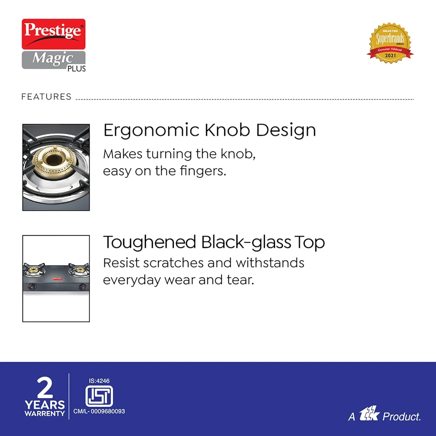Prestige Magic plus Toughened Glass-Top 2 Brass Burner LPG Gas Stove(GTMP-02)