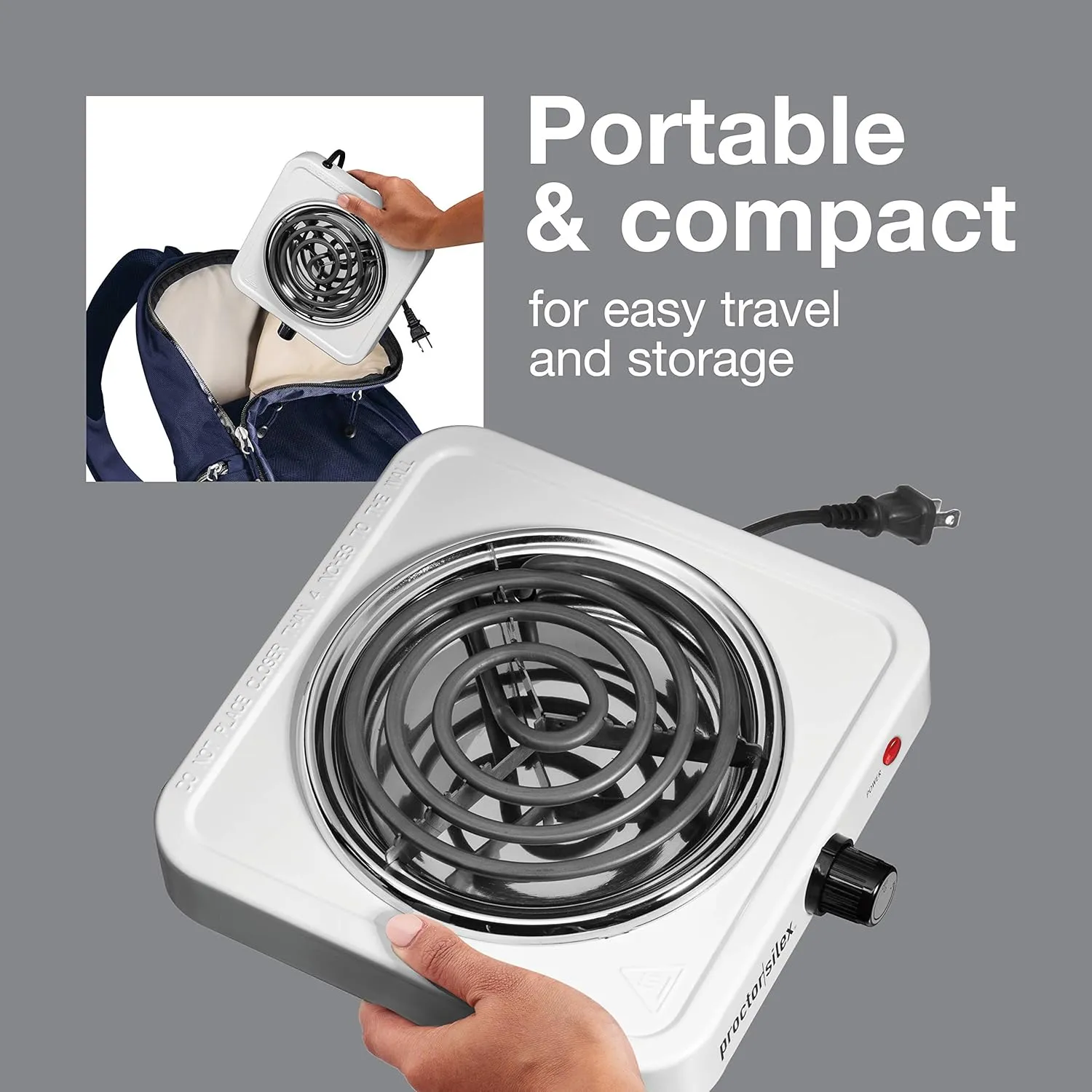 Proctor Silex Electric Stove, Single Burner Cooktop, Compact and Portable, Adjustable Temperature Hot Plate, 1200 Watts, White & Stainless (34106)