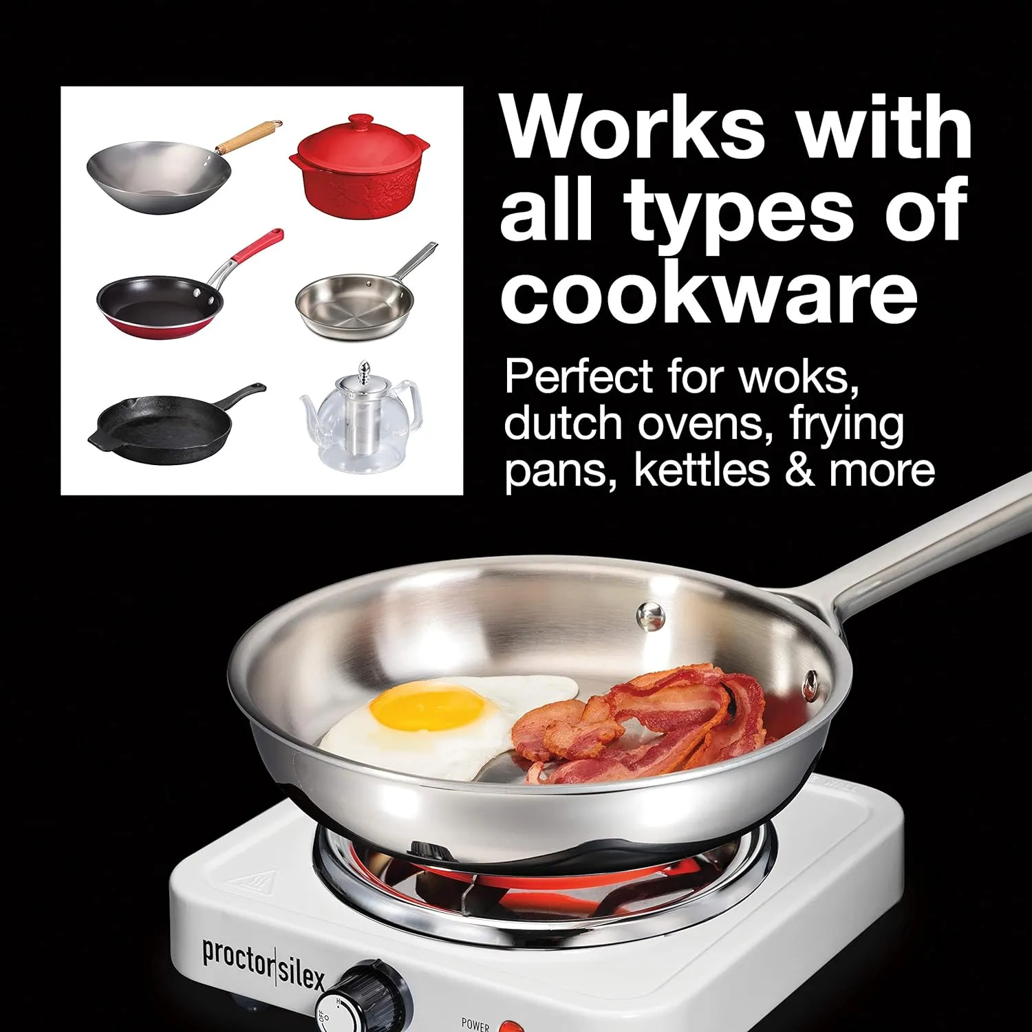 Proctor Silex Electric Stove, Single Burner Cooktop, Compact and Portable, Adjustable Temperature Hot Plate, 1200 Watts, White & Stainless (34106)