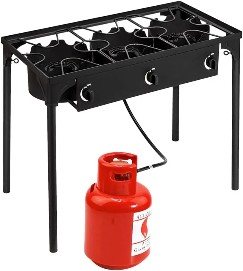 Propane Burner, Outdoor Camping Stove with High Pressure Braided Hose, 0-20 PSI Regulator, Gas Stove, Portable Propane Stove for Tailgating, Home Brewing, BBQ, Cooking (Three Burner, 225000 BTU)