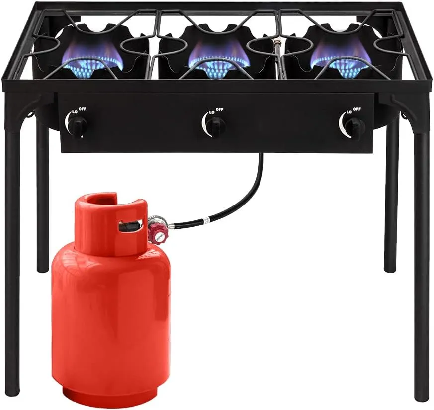 Propane Burner, Outdoor Camping Stove with High Pressure Braided Hose, 0-20 PSI Regulator, Gas Stove, Portable Propane Stove for Tailgating, Home Brewing, BBQ, Cooking (Three Burner, 225000 BTU)