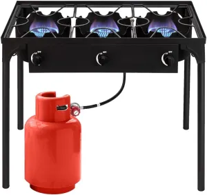 Propane Burner, Outdoor Camping Stove with High Pressure Braided Hose, 0-20 PSI Regulator, Gas Stove, Portable Propane Stove for Tailgating, Home Brewing, BBQ, Cooking (Three Burner, 225000 BTU)