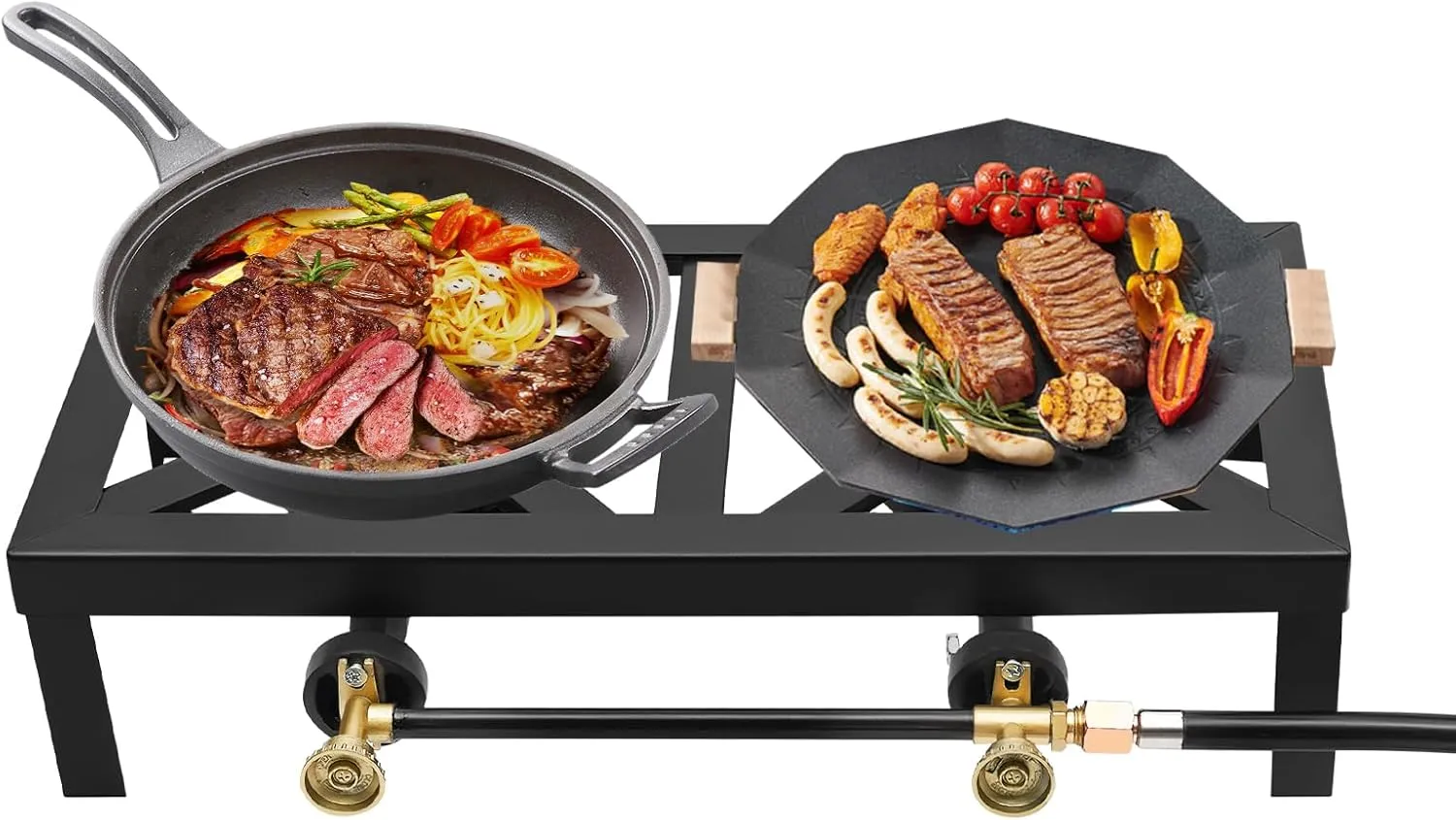 Propane Burner, Portable Double Burner Outdoor Gas Stove Propane Cooke Outdoor Cooking with Adjustable 0-10Psi Regulator Hose for Patio Camping, BBQ, Home Brewing, Turkey Fry, Maple Syrup Prep