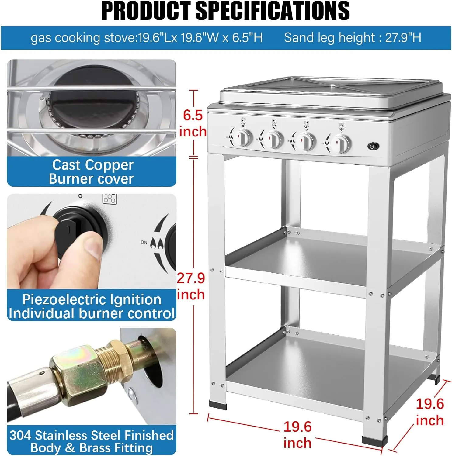 Propane Gas Stove-300000BTU Portable Gas Stove with Support Leg Stand and Wind Blocking Cover Adapter Auto Ignition Camping Stove 4 Burner LPG for RV, Apartment, Outdoor Cooking
