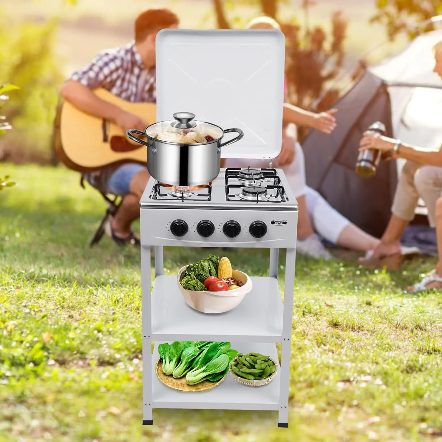 Propane Gas Stove, 4 Burner Freestanding Gas Stove with Support Leg Stand & Wind Blocking Cover Propane Burner 4 * 2.5KW Independent Control Camping Stove Portable Outdoor Stove for Traveling Hiking