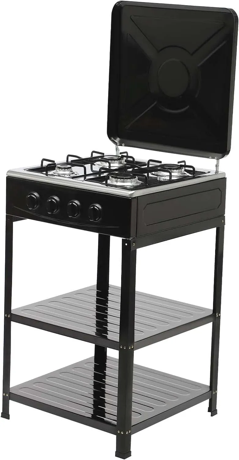Propane Gas Stove, 4 Burner Portable LNG Camping Grill Stove with 2 Tier Storage Rack and Wind Blocking Cover Adapter Manual Ignition for Outdoor Camping Picnic RV Cooking, No Hose (Black)