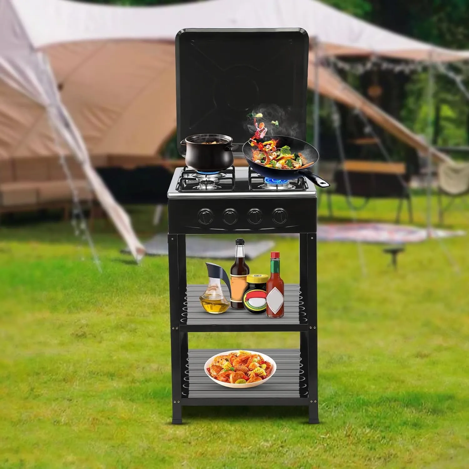 Propane Gas Stove, 4 Burner Portable LNG Camping Grill Stove with 2 Tier Storage Rack and Wind Blocking Cover Adapter Manual Ignition for Outdoor Camping Picnic RV Cooking, No Hose (Black)