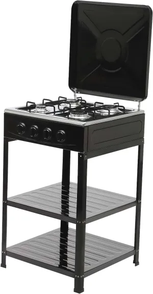 Propane Gas Stove, 4 Burner Portable LNG Camping Grill Stove with 2 Tier Storage Rack and Wind Blocking Cover Adapter Manual Ignition for Outdoor Camping Picnic RV Cooking, No Hose (Black)