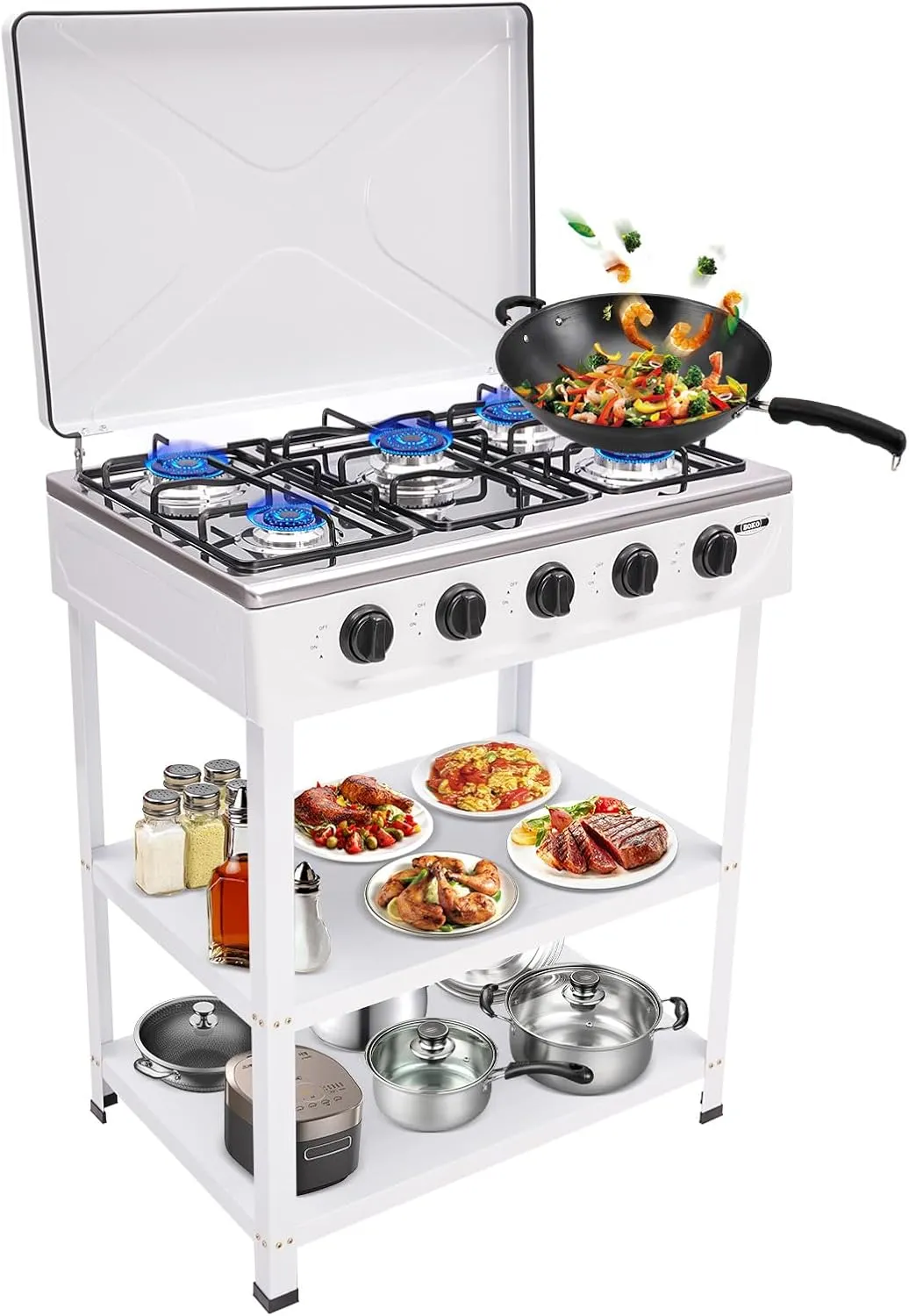 Propane Gas Stove,5 Burner Propane Burner,Auto Ignition Camping Stove with Support Leg Stand, Portable Gas Stove for Outdoor Activities(White)