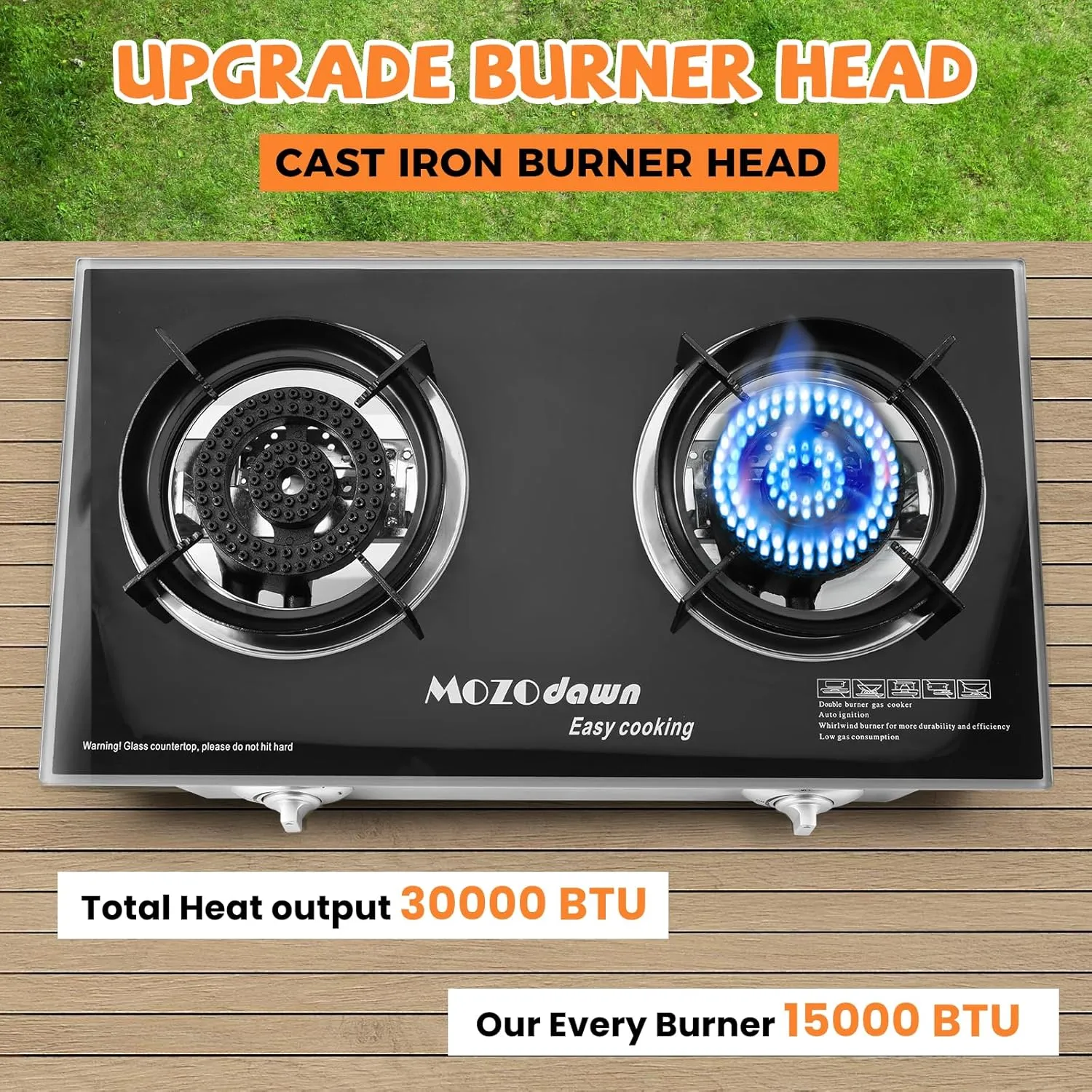 Propane Stove 2 Burner Gas Outdoor Portable Camping Stove, 30000 BTU Propane Burner with Cast Iron Honeycomb Stove Head, Thickened furnace rack, LPG Adapter Hose, LPG Gas Stove for Camping
