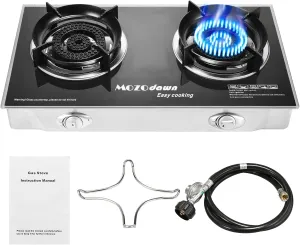 Propane Stove 2 Burner Gas Outdoor Portable Camping Stove, 30000 BTU Propane Burner with Cast Iron Honeycomb Stove Head, Thickened furnace rack, LPG Adapter Hose, LPG Gas Stove for Camping
