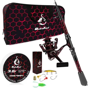 QudraKast Fishing Rod and Reel Combos - High Precision Machined Pattern Telescopic Fishing Pole and 12 1 Full Metal Ultra Smooth Spinning Reel Combos with Carrier Bag
