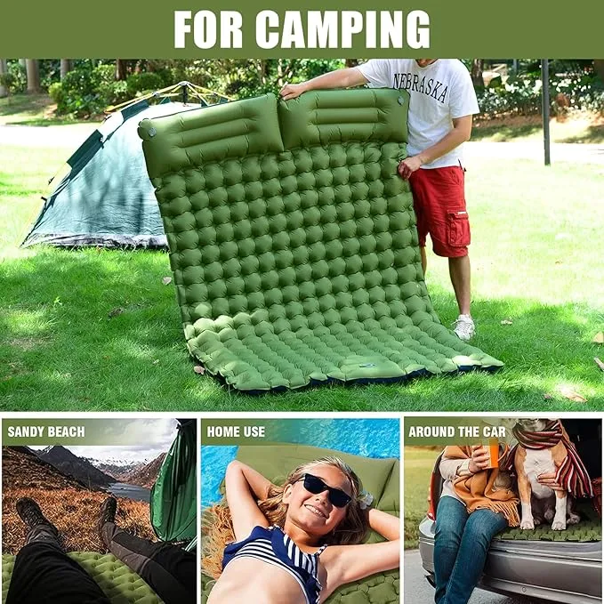 Queen Size Sleeping Pad for Camping, Lightweight Waterproof Camping Air Mattress with Built-in Pump Camping Bed for Backpacking Gear, Hiking, Tent, Traveling Green