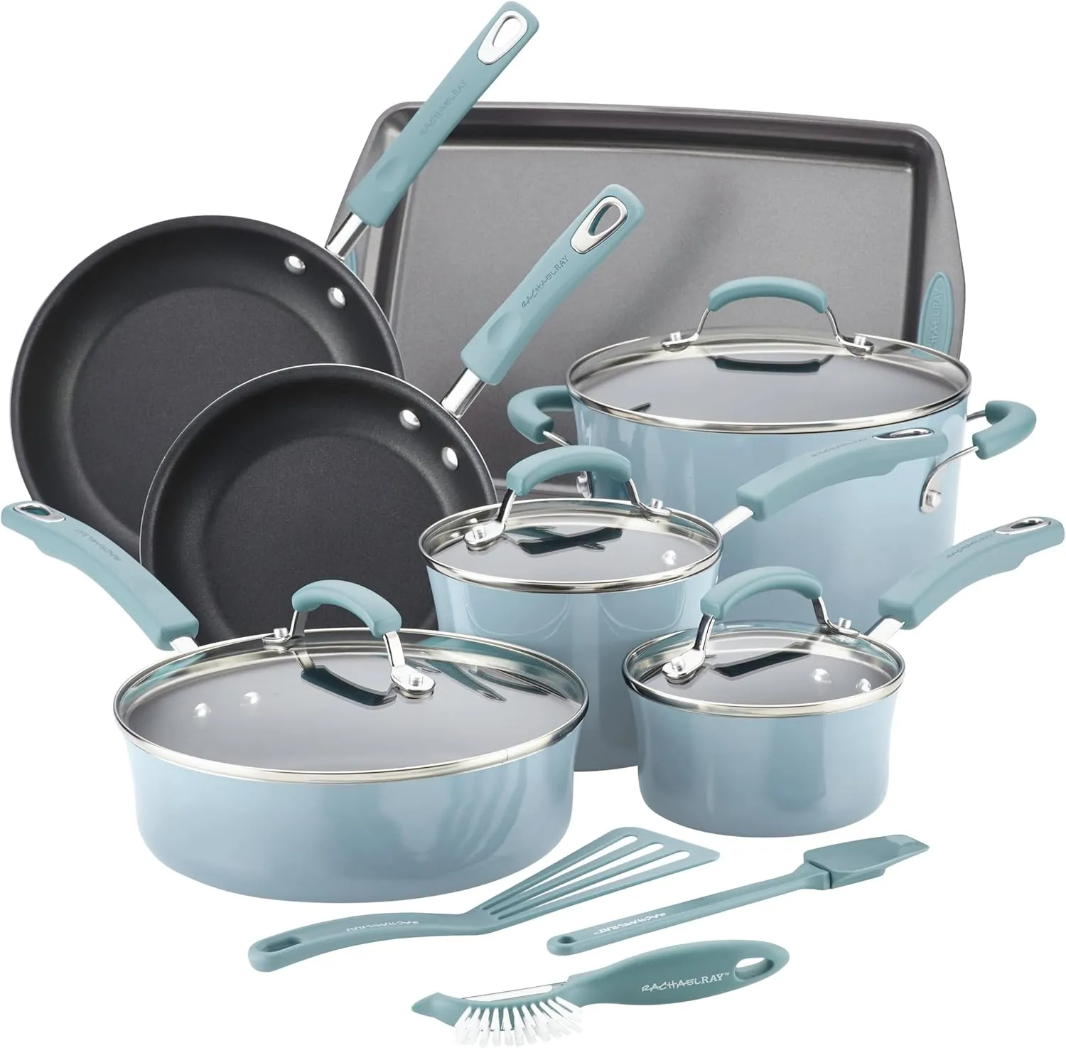 Rachael Ray Brights Nonstick Pots and Pans, Includes Crispy Sheet Baking Pan/Bakeware and Kitchen Cooking Tools, 14 Piece Cookware Set - Sky Blue