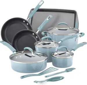 Rachael Ray Brights Nonstick Pots and Pans, Includes Crispy Sheet Baking Pan/Bakeware and Kitchen Cooking Tools, 14 Piece Cookware Set - Sky Blue