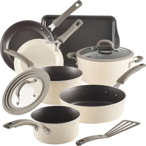 Rachael Ray Cook   Create Nonstick Cookware Pots and Pans Set, Includes Baking Sheet Pan and Cooking Utensil, 10 Piece - Almond