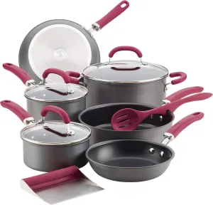 Rachael Ray Create Delicious Hard Anodized Nonstick Cookware Pots and Pans Set, 11 Piece, Burgundy Handles