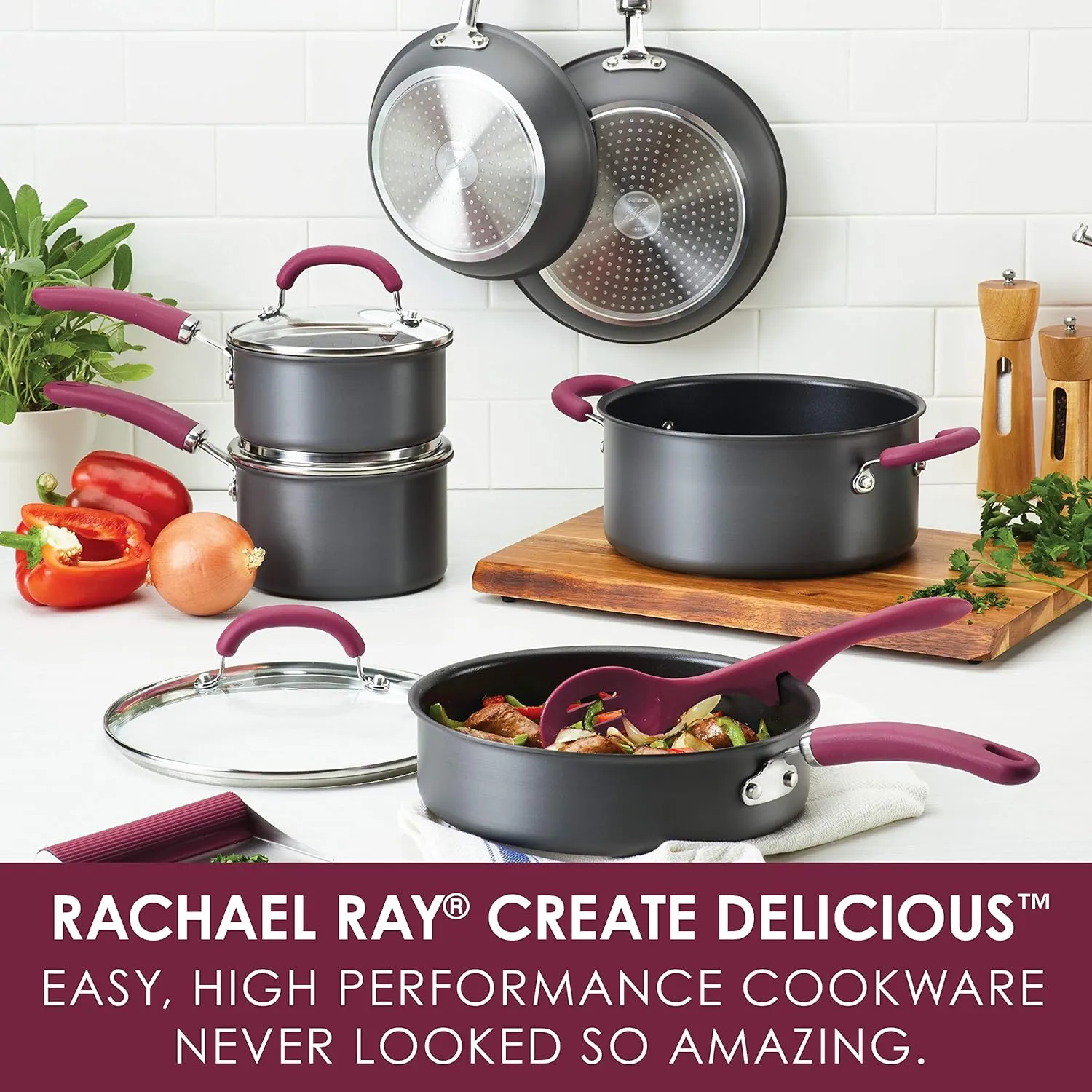 Rachael Ray Create Delicious Hard Anodized Nonstick Cookware Pots and Pans Set, 11 Piece, Burgundy Handles