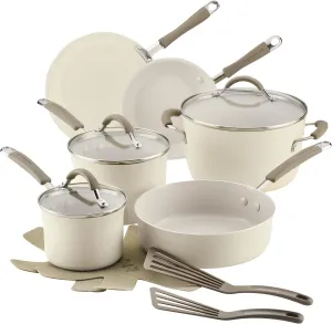 Rachael Ray Cucina Ceramic Nonstick Pots and Pans Set with Saucepans, Saute, Frying Pans, Stockpot, Lids, Pan Protectors, and Cooking Utensils, 13 Piece Non Stick Cookware Set - Almond