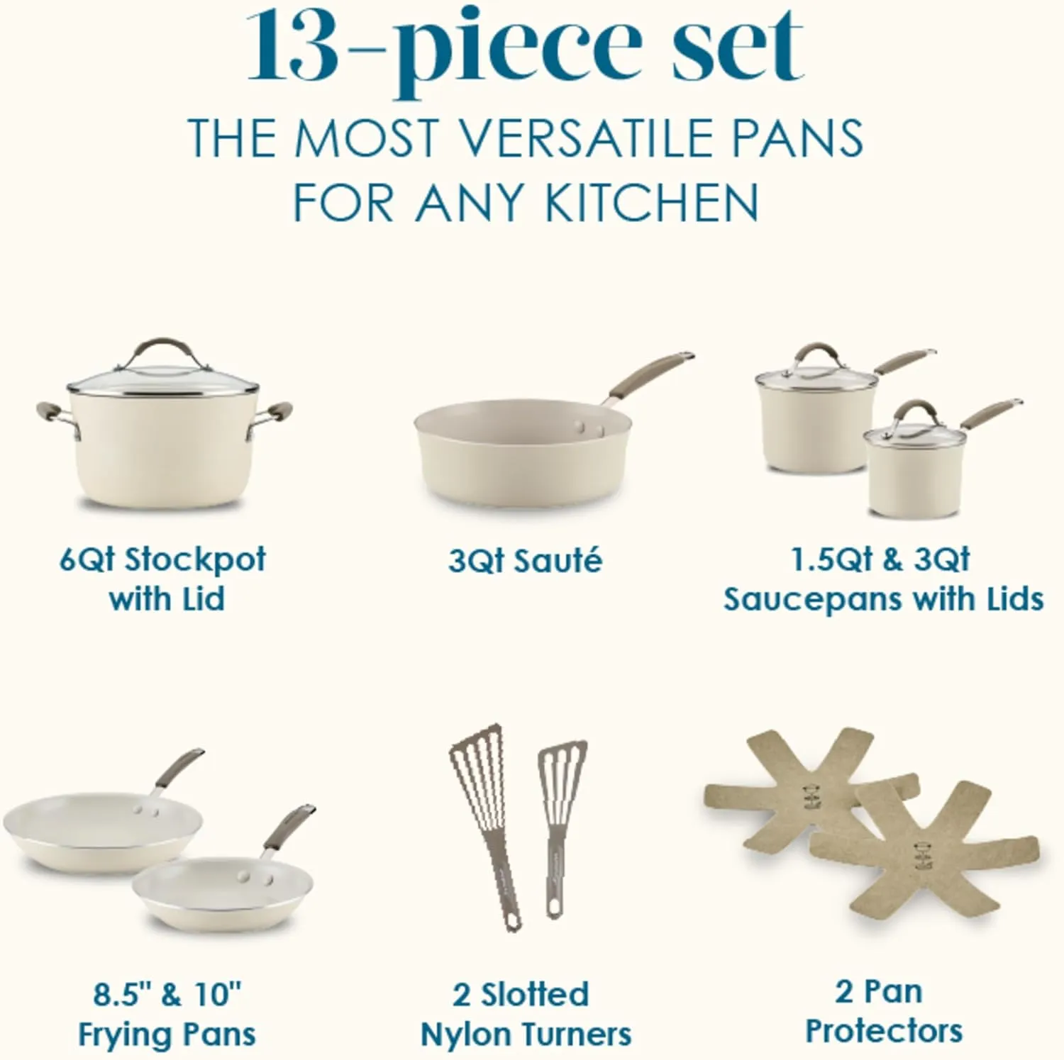 Rachael Ray Cucina Ceramic Nonstick Pots and Pans Set with Saucepans, Saute, Frying Pans, Stockpot, Lids, Pan Protectors, and Cooking Utensils, 13 Piece Non Stick Cookware Set - Almond