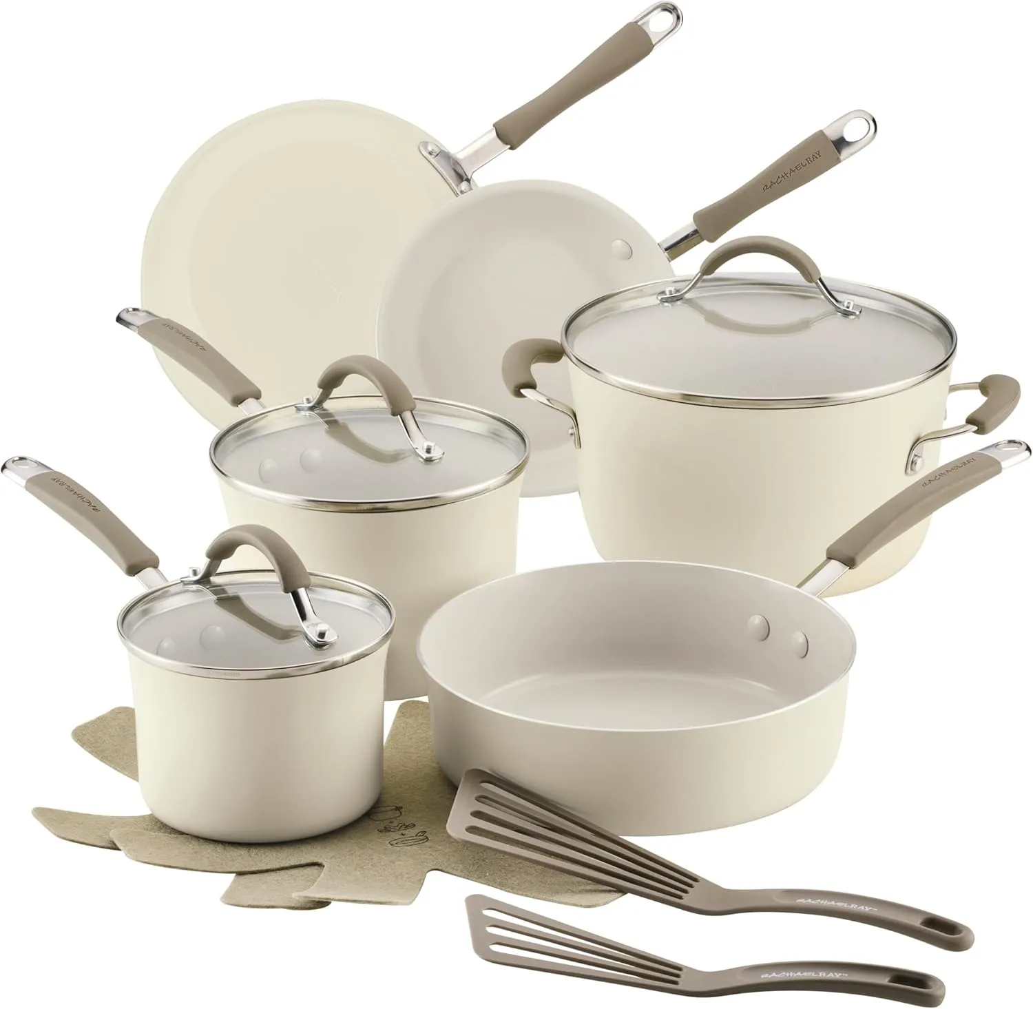 Rachael Ray Cucina Ceramic Nonstick Pots and Pans Set with Saucepans, Saute, Frying Pans, Stockpot, Lids, Pan Protectors, and Cooking Utensils, 13 Piece Non Stick Cookware Set - Almond