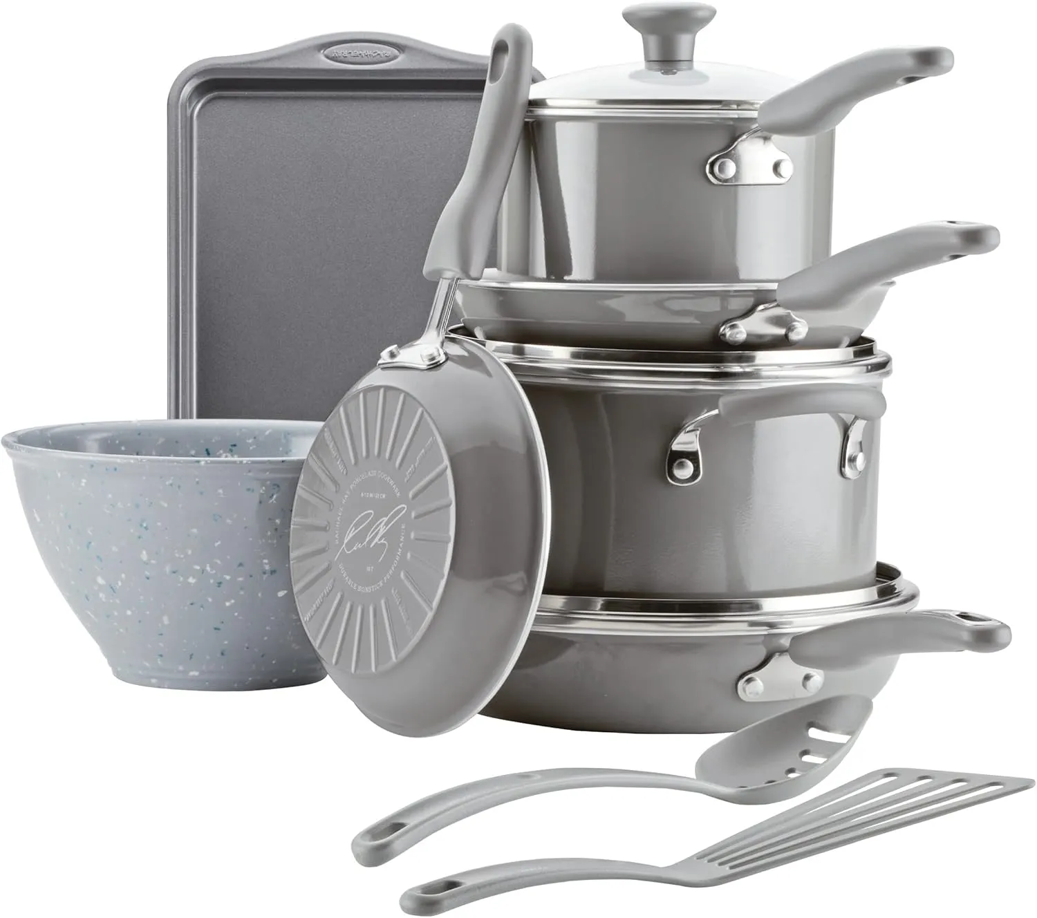 Rachael Ray Get Cooking! Nonstick Cookware Pots and Pans Set, Includes Baking Pan and Cooking Tools, 12 Piece - Gray