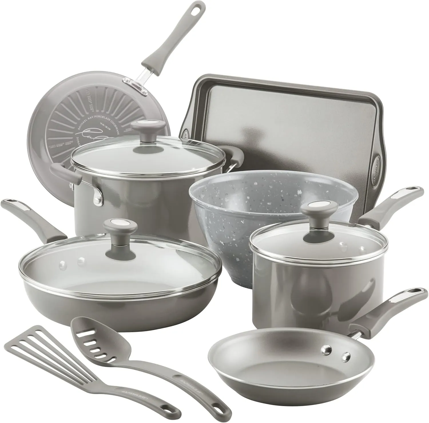 Rachael Ray Get Cooking! Nonstick Cookware Pots and Pans Set, Includes Baking Pan and Cooking Tools, 12 Piece - Gray
