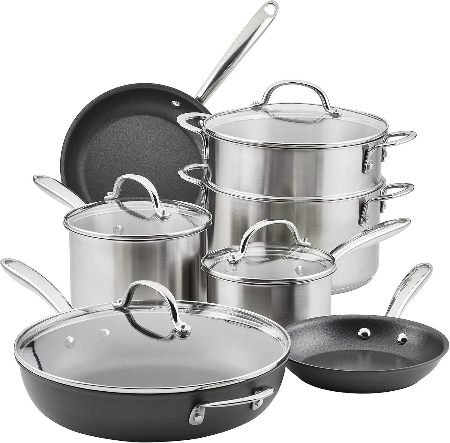 Rachael Ray Professional Stainless Steel/Hard Anodized Nonstick Cookware Pots and Pans Set, 11 Piece, Gray and Silver