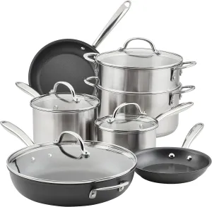 Rachael Ray Professional Stainless Steel/Hard Anodized Nonstick Cookware Pots and Pans Set, 11 Piece, Gray and Silver