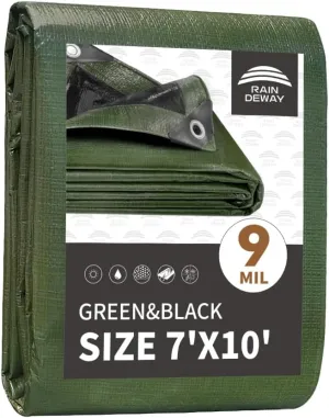 RAINDEWAY 7x10 Tarp Heavy Duty Waterproof,9Mil Thick,Large Tarps Multipurpose Poly Tarp Cover for Camping,Rain,Durable with Metal Grommets and Reinforced Edges,Finished Size Green/Black