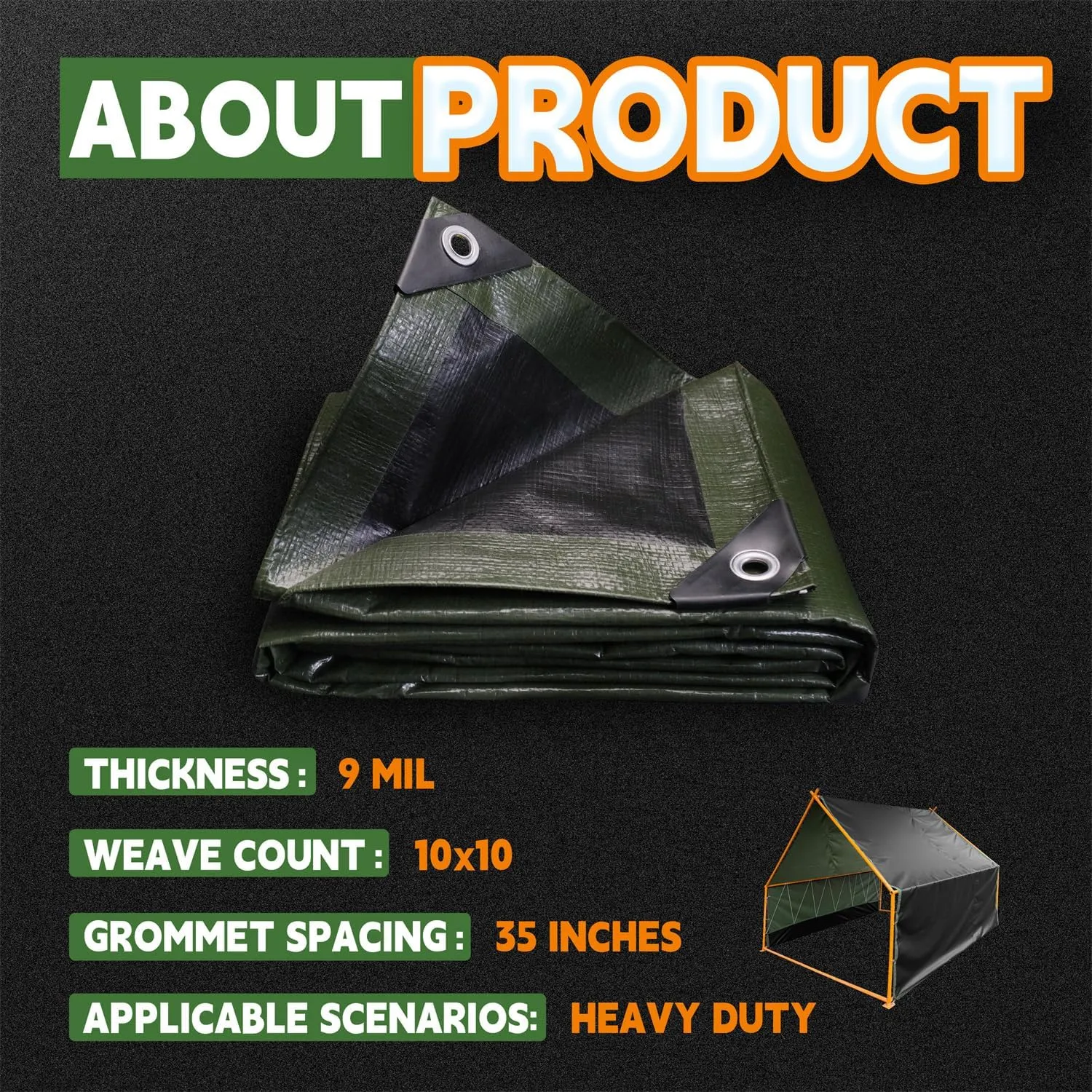 RAINDEWAY 7x10 Tarp Heavy Duty Waterproof,9Mil Thick,Large Tarps Multipurpose Poly Tarp Cover for Camping,Rain,Durable with Metal Grommets and Reinforced Edges,Finished Size Green/Black