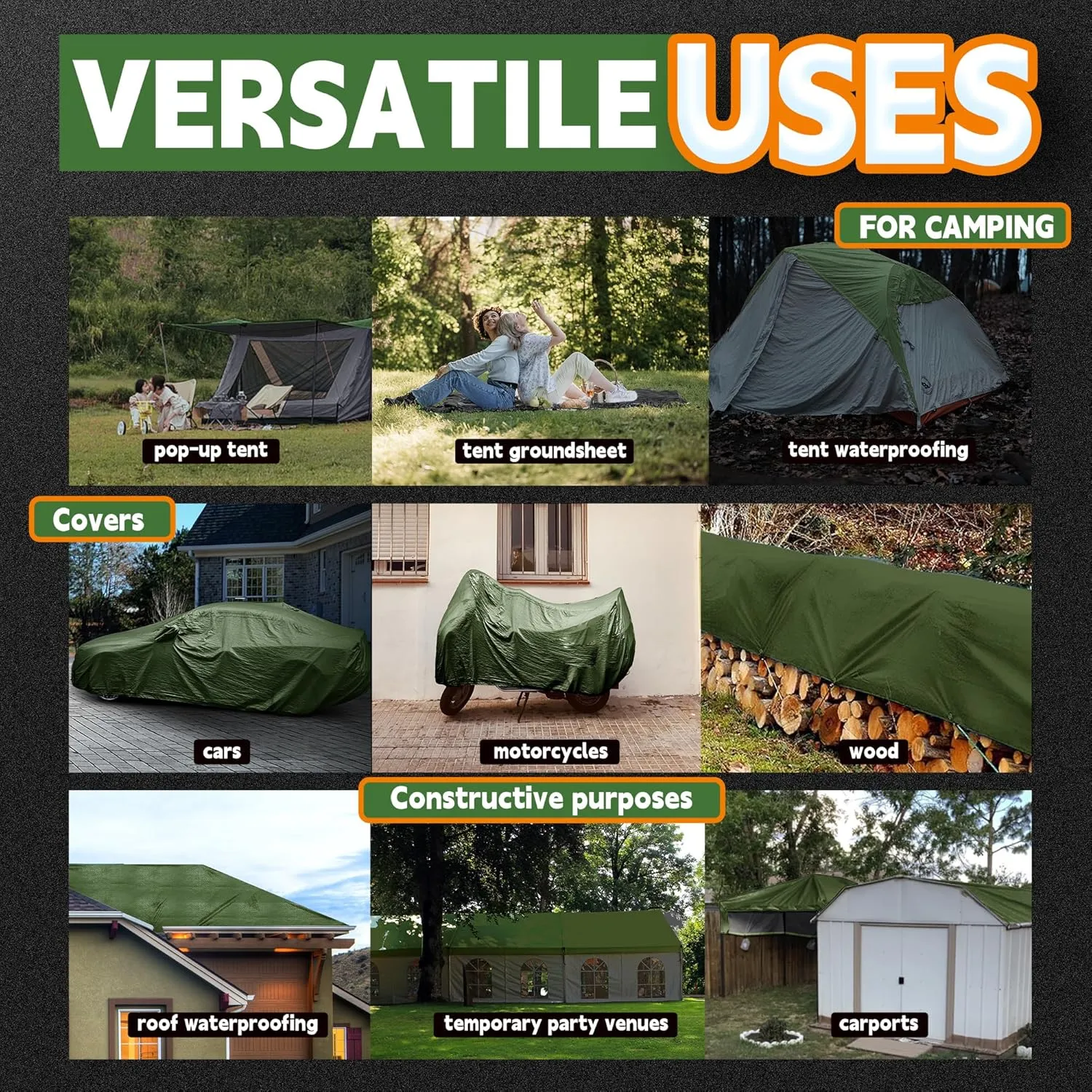 RAINDEWAY 7x10 Tarp Heavy Duty Waterproof,9Mil Thick,Large Tarps Multipurpose Poly Tarp Cover for Camping,Rain,Durable with Metal Grommets and Reinforced Edges,Finished Size Green/Black