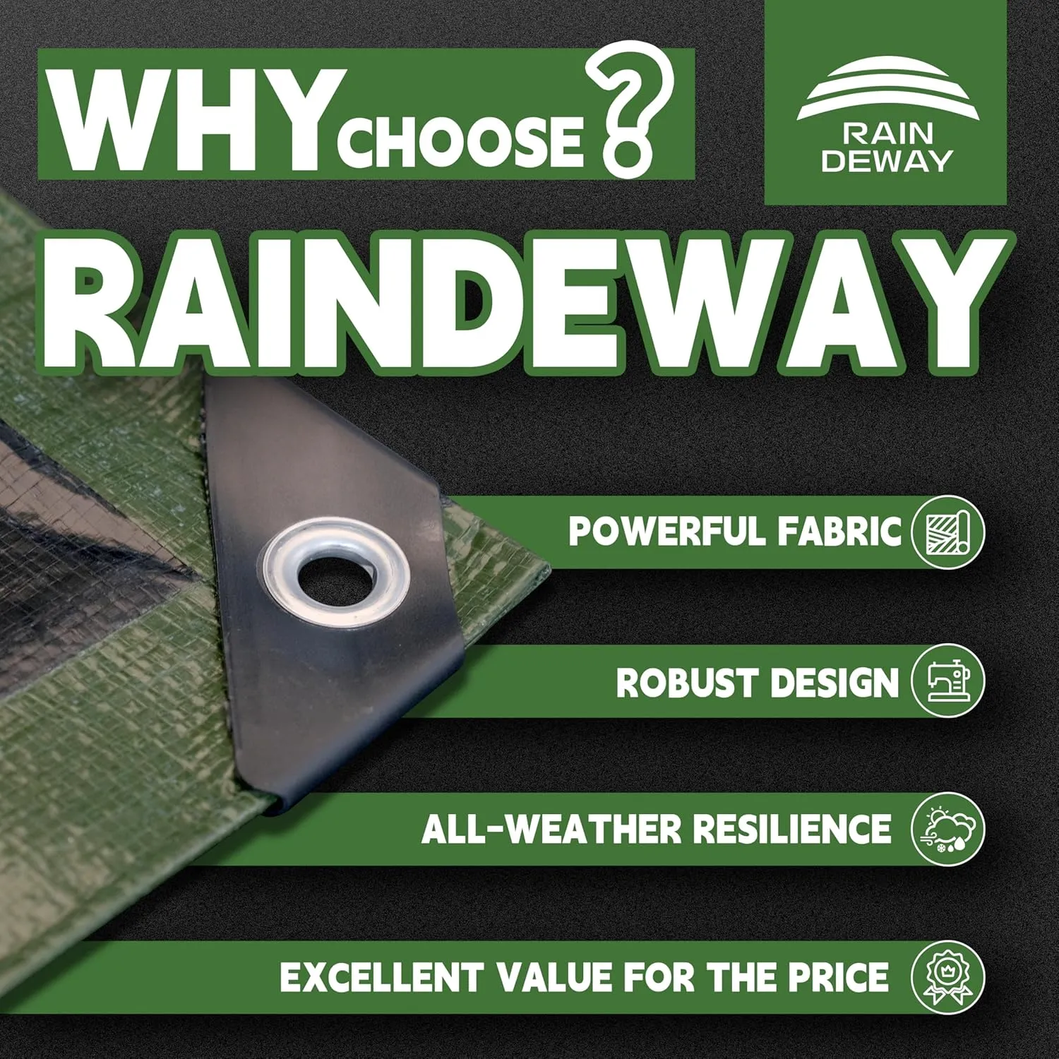 RAINDEWAY 7x10 Tarp Heavy Duty Waterproof,9Mil Thick,Large Tarps Multipurpose Poly Tarp Cover for Camping,Rain,Durable with Metal Grommets and Reinforced Edges,Finished Size Green/Black