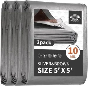 RAINDEWAY Small Tarps Heavy Duty Waterproof 5x5 Feet (3 Pack), 10Mil Multipurpose Poly Tarp Cover with Metal Grommets and Reinforced Edges, Silver/Brown Tarp