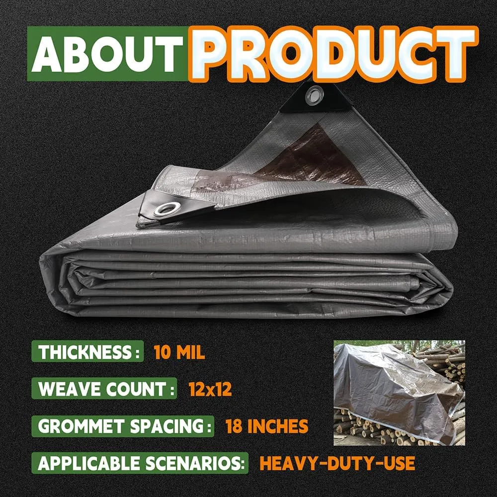 RAINDEWAY Small Tarps Heavy Duty Waterproof 5x5 Feet (3 Pack), 10Mil Multipurpose Poly Tarp Cover with Metal Grommets and Reinforced Edges, Silver/Brown Tarp