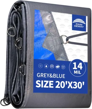 RAINDEWAY Tarps Heavy Duty Waterproof 20x30 Feet -14 Mils Super Heavy Duty Tarp with Metal Rings and Reinforced Corners and Edges, UV Resistant, Multipurpose Poly Tarp,Blue/Gray tarp