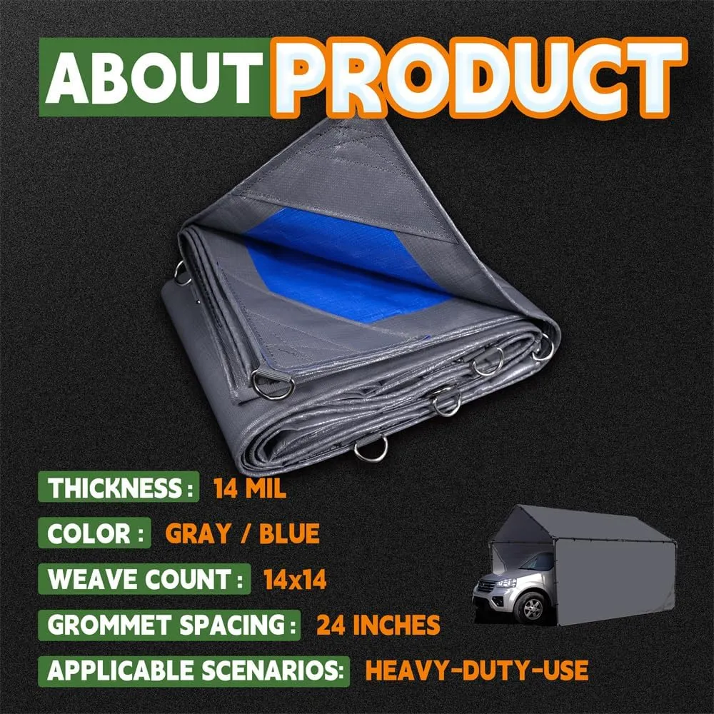 RAINDEWAY Tarps Heavy Duty Waterproof 20x30 Feet -14 Mils Super Heavy Duty Tarp with Metal Rings and Reinforced Corners and Edges, UV Resistant, Multipurpose Poly Tarp,Blue/Gray tarp