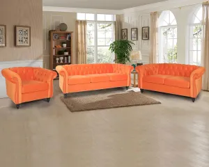 RARZOE 3 Pieces Living Room Furniture Sofa Set, Orange, Chesterfield Style, Velvet Upholstery, Nailhead Trim, Scrolled Arms, 1 Loveseat, 1 Club Chair, 1 Sofa