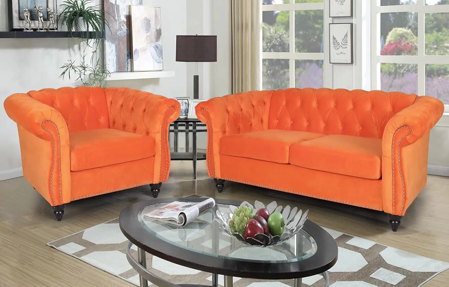 RARZOE 3 Pieces Living Room Furniture Sofa Set, Orange, Chesterfield Style, Velvet Upholstery, Nailhead Trim, Scrolled Arms, 1 Loveseat, 1 Club Chair, 1 Sofa