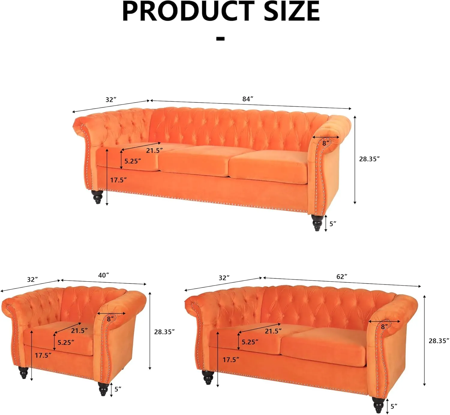 RARZOE 3 Pieces Living Room Furniture Sofa Set, Orange, Chesterfield Style, Velvet Upholstery, Nailhead Trim, Scrolled Arms, 1 Loveseat, 1 Club Chair, 1 Sofa