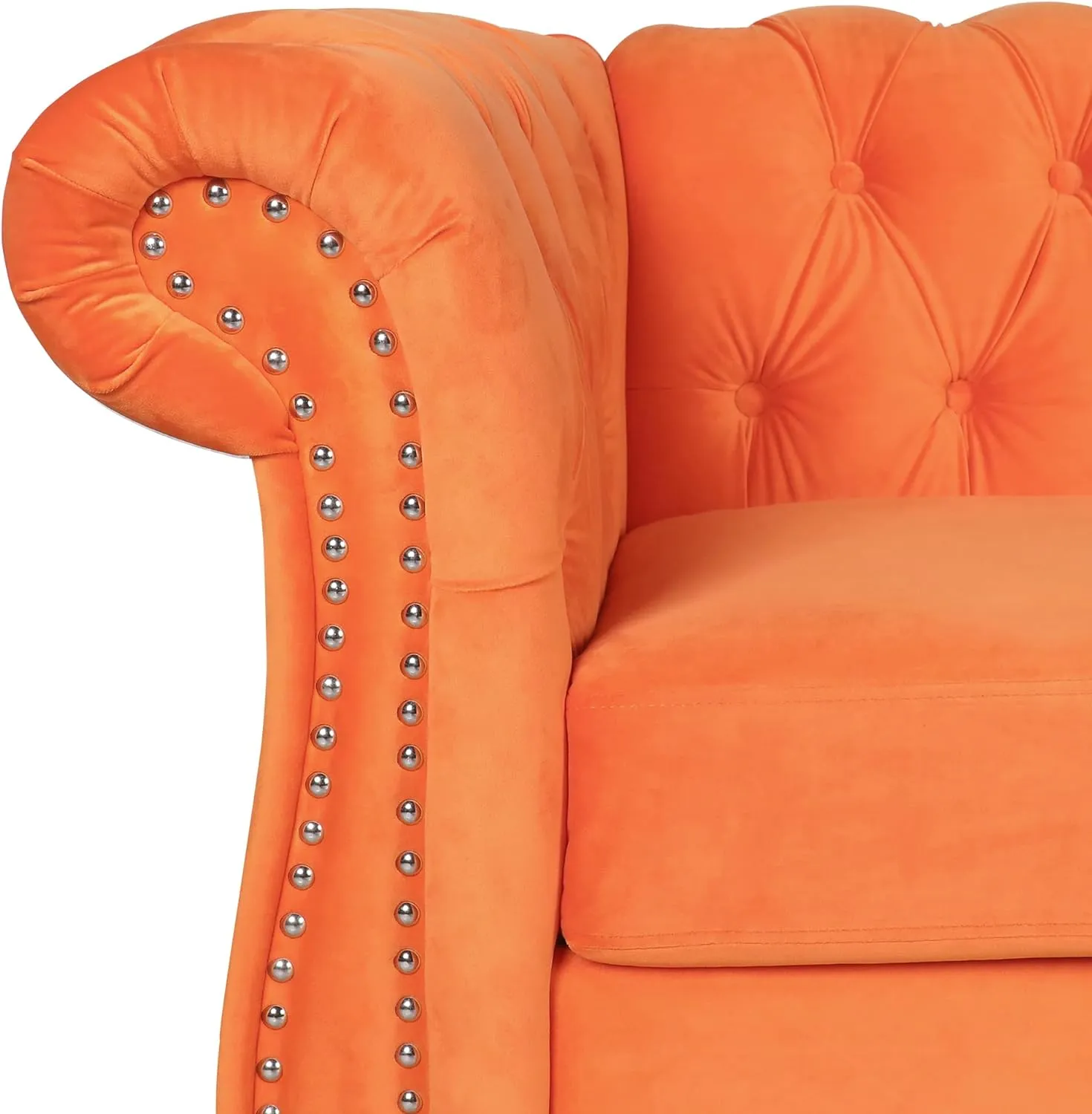 RARZOE 3 Pieces Living Room Furniture Sofa Set, Orange, Chesterfield Style, Velvet Upholstery, Nailhead Trim, Scrolled Arms, 1 Loveseat, 1 Club Chair, 1 Sofa