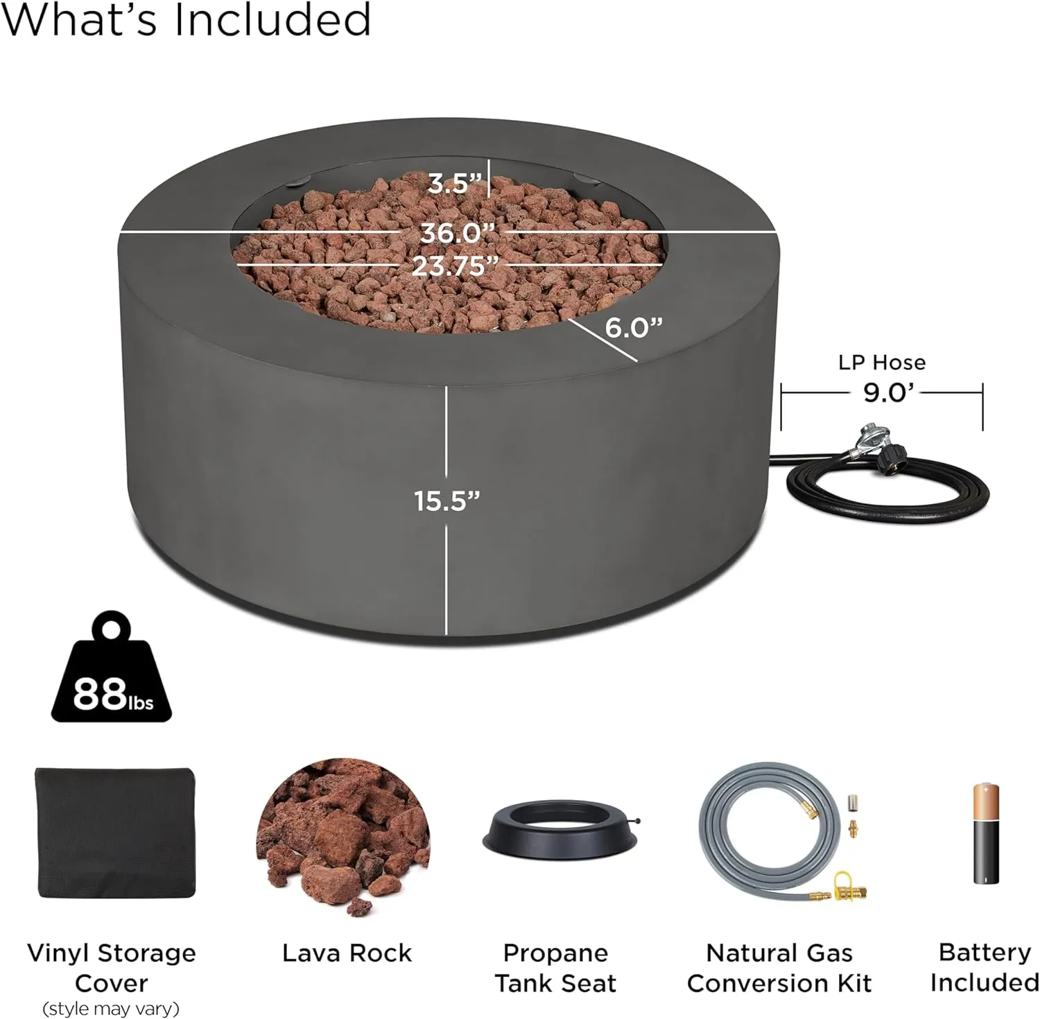 Real Flame Aegean 36" Round Propane or Natural Gas Fire Pit Table, 50,000 BTU, Powder-Coated Steel, Push-Button Ignition, CSA Certified, Lava Rock, Storage Cover, Stainless Steel Burner with Lid