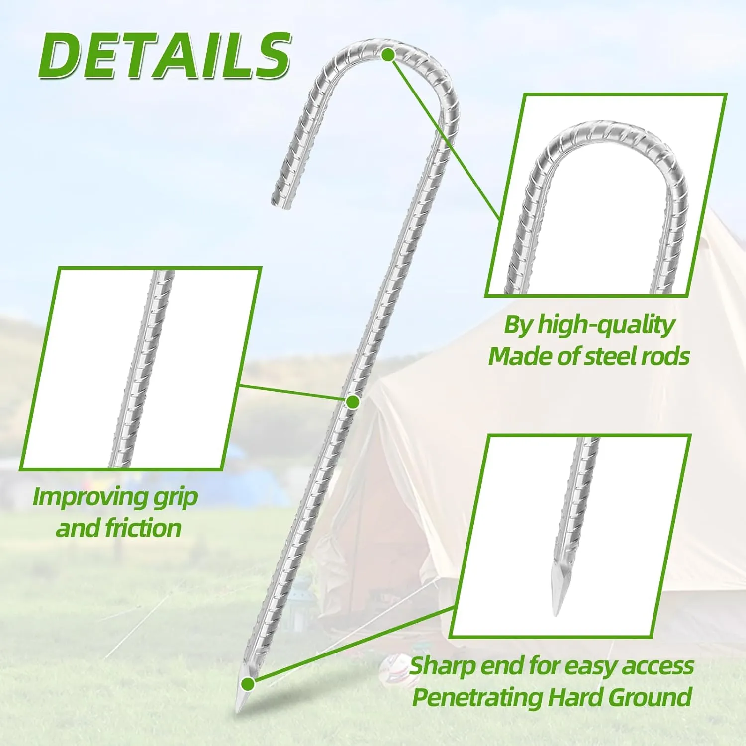 Rebar Stakes 12Inch,J Hook Heavy Duty Galvanized Ground Anchors Rebar Tent Stakes 12 Pack for Feed Garden Trampoline Tarps and Yard Art Camping Tents Swings Football Nets Nflatable Decorations