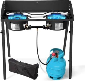 Red Mountain Valley Two Burner Outdoor Portable Camping Gas Stove with Removable Legs, Carrying Bag and Windshield, Camping Stove Propane for Cooking, CSA Certified, Outdoor Propane Burner