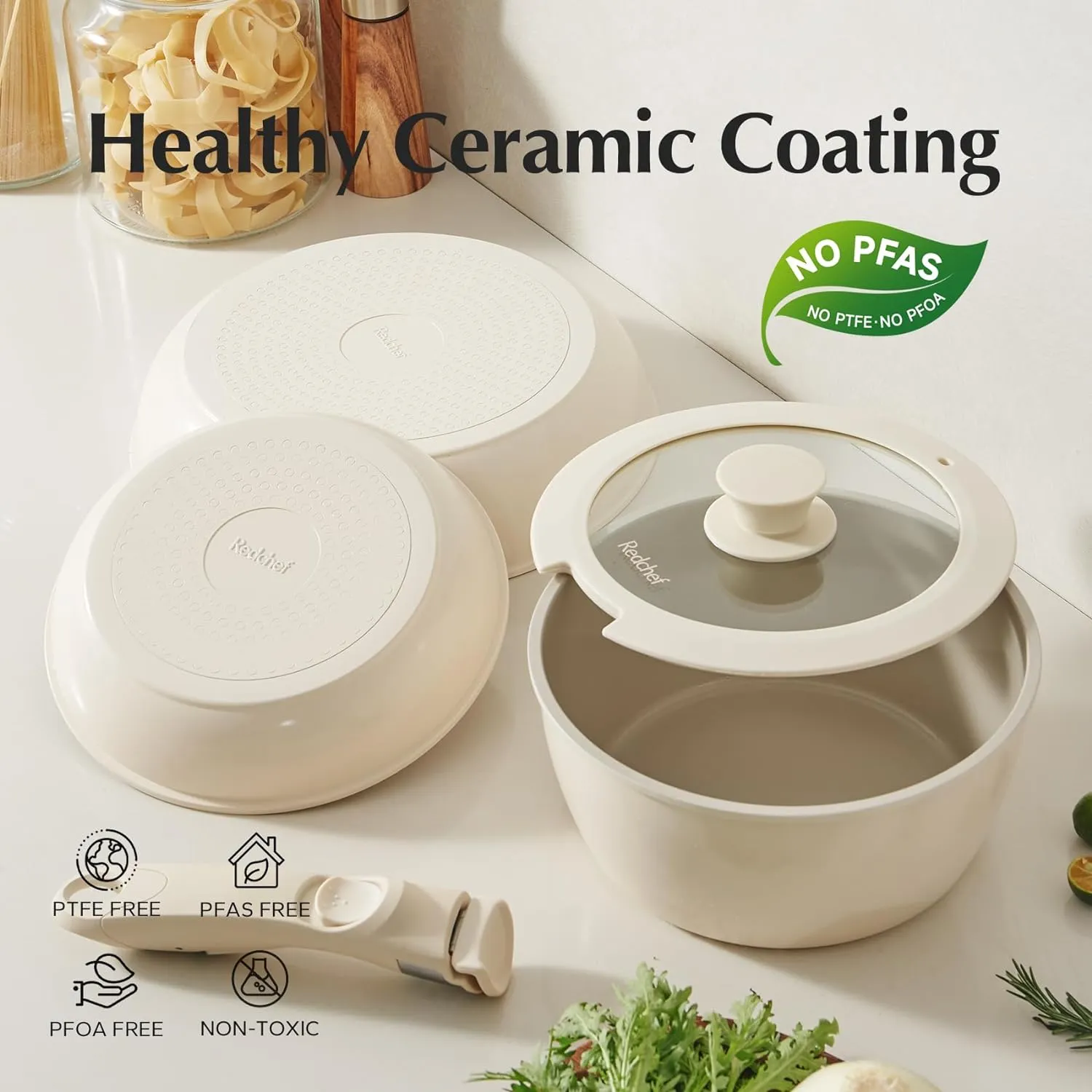 Redchef Ceramic Pots and Pans Set, Nonstick Kitchen Cookware Set with Detachable Handle, Non Toxic Cookware Set 16pcs, PFAS PFOA & PTFE Free, RV Ceramic Cookware for Camping, Dishwasher/Oven Safe