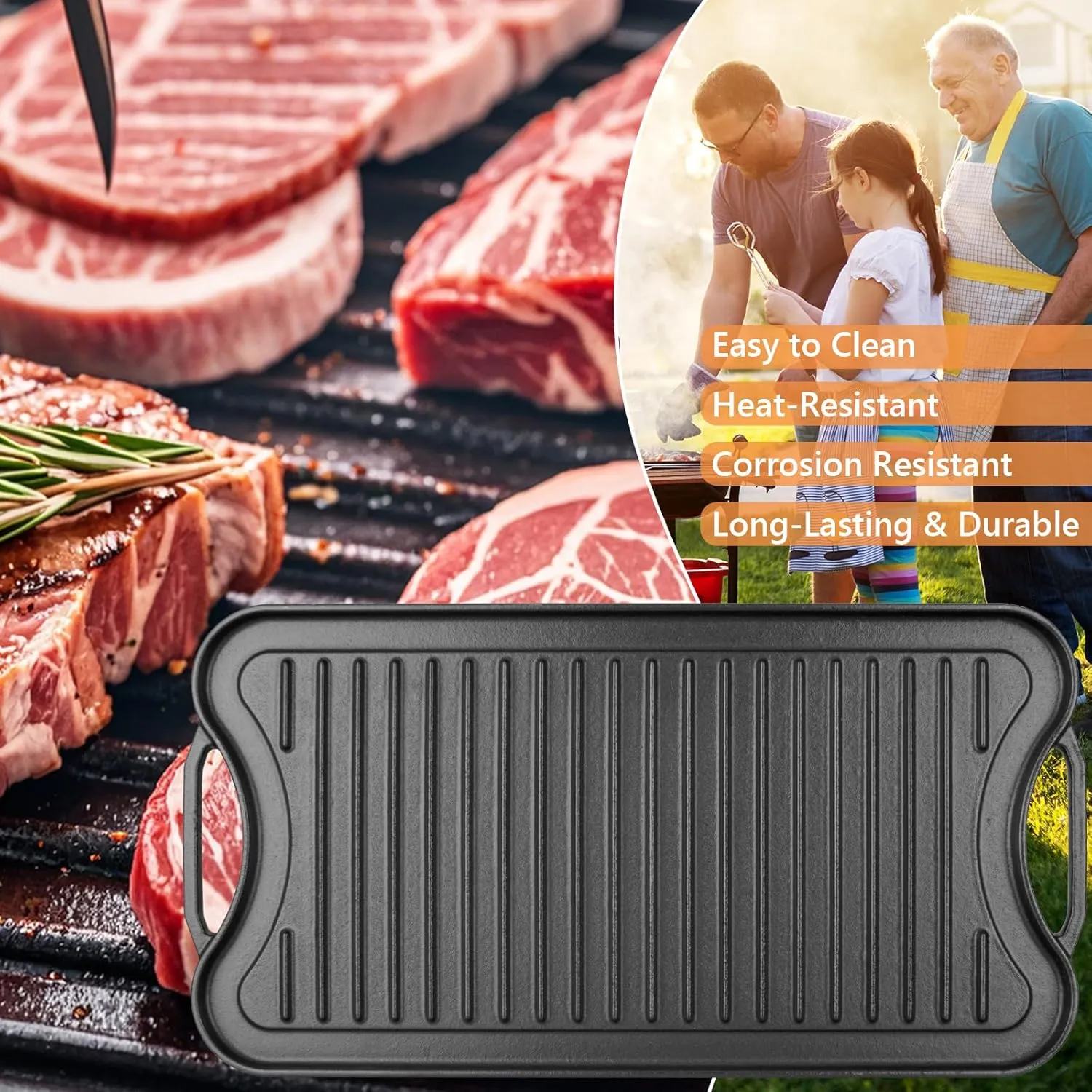 Reversible Cast Iron Griddle Plate for Gas Grill, Stovetop Grill Pan for Electric Stove, Pre-Seasoned Grill Griddle Pan for Gas Stove Top 2 Burner, Extra Large Stove Top Grill Plate 20" x 10.5"